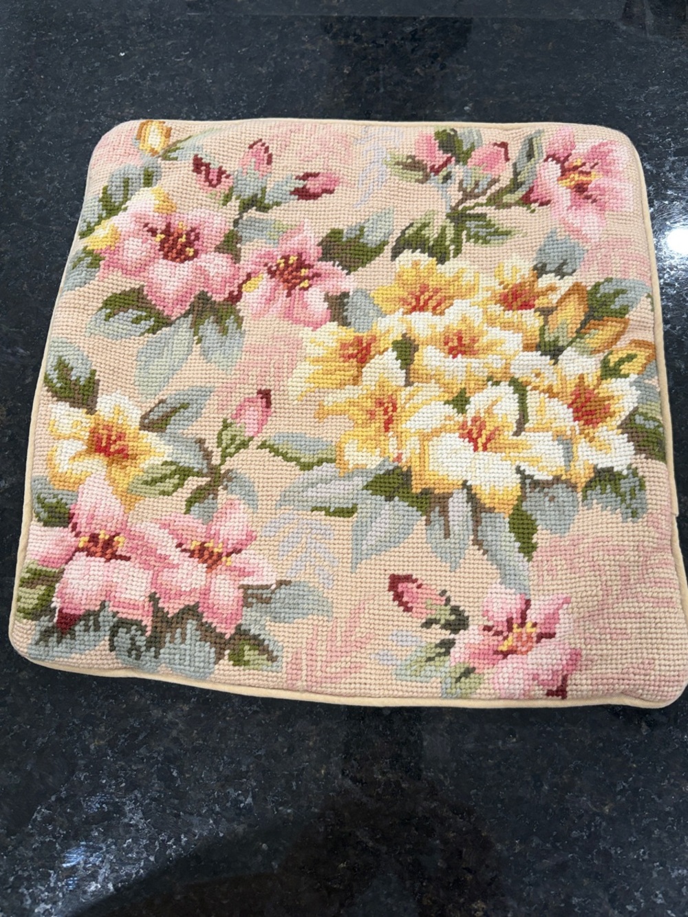 Vintage Floral Needlepoint Pillow Cover- Pink & Yellow Blooms
